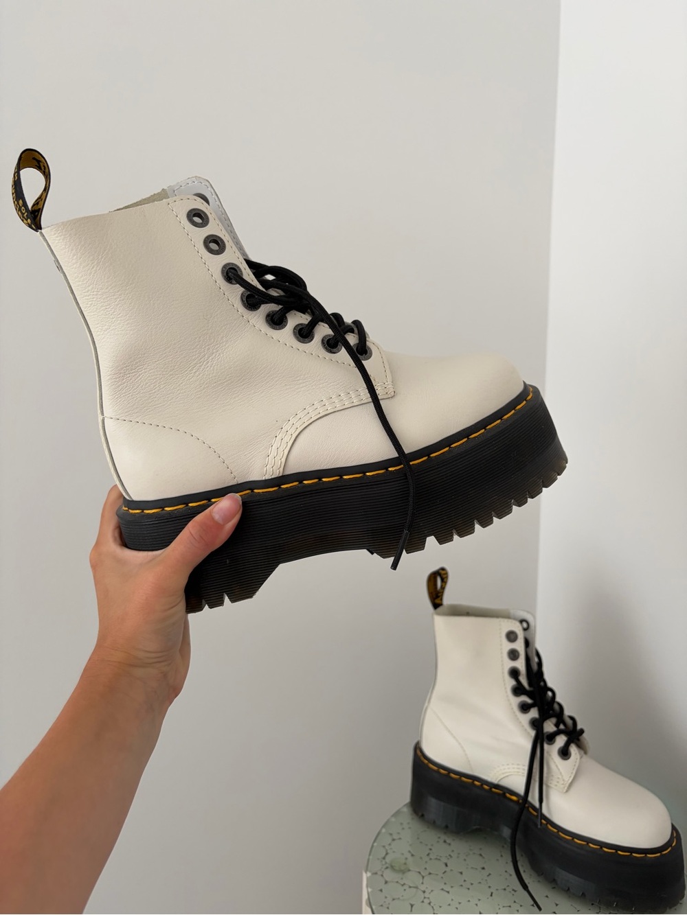 Dr. Martens White Platform Lace-Up Boots with Black Sole